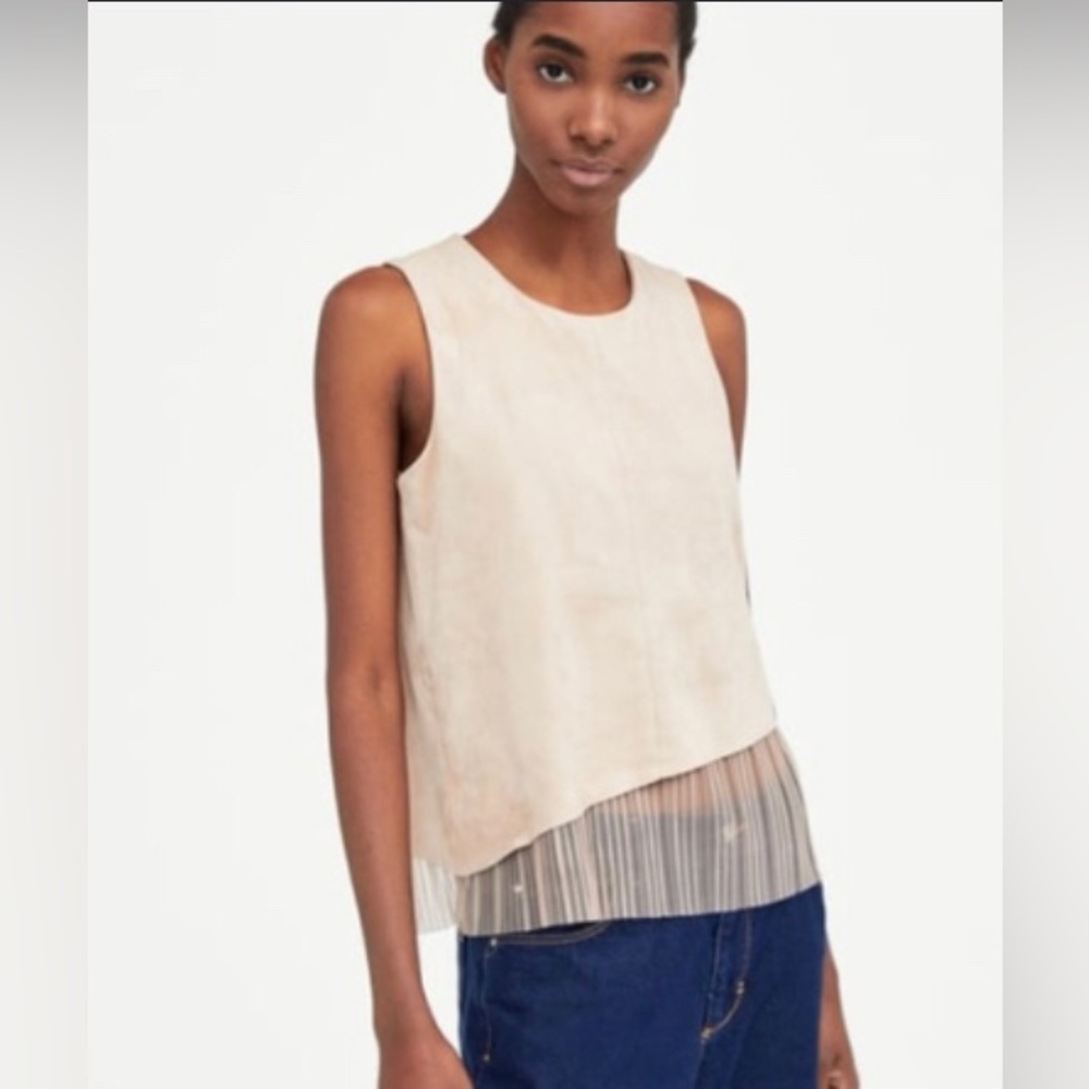 Zara top features light tan faux suede bodice and contrasting pleated tulle hem